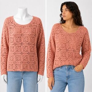 Vintage 90s Jessica Roberts Sweater Womens M Pink Crochet Floral Granny Square